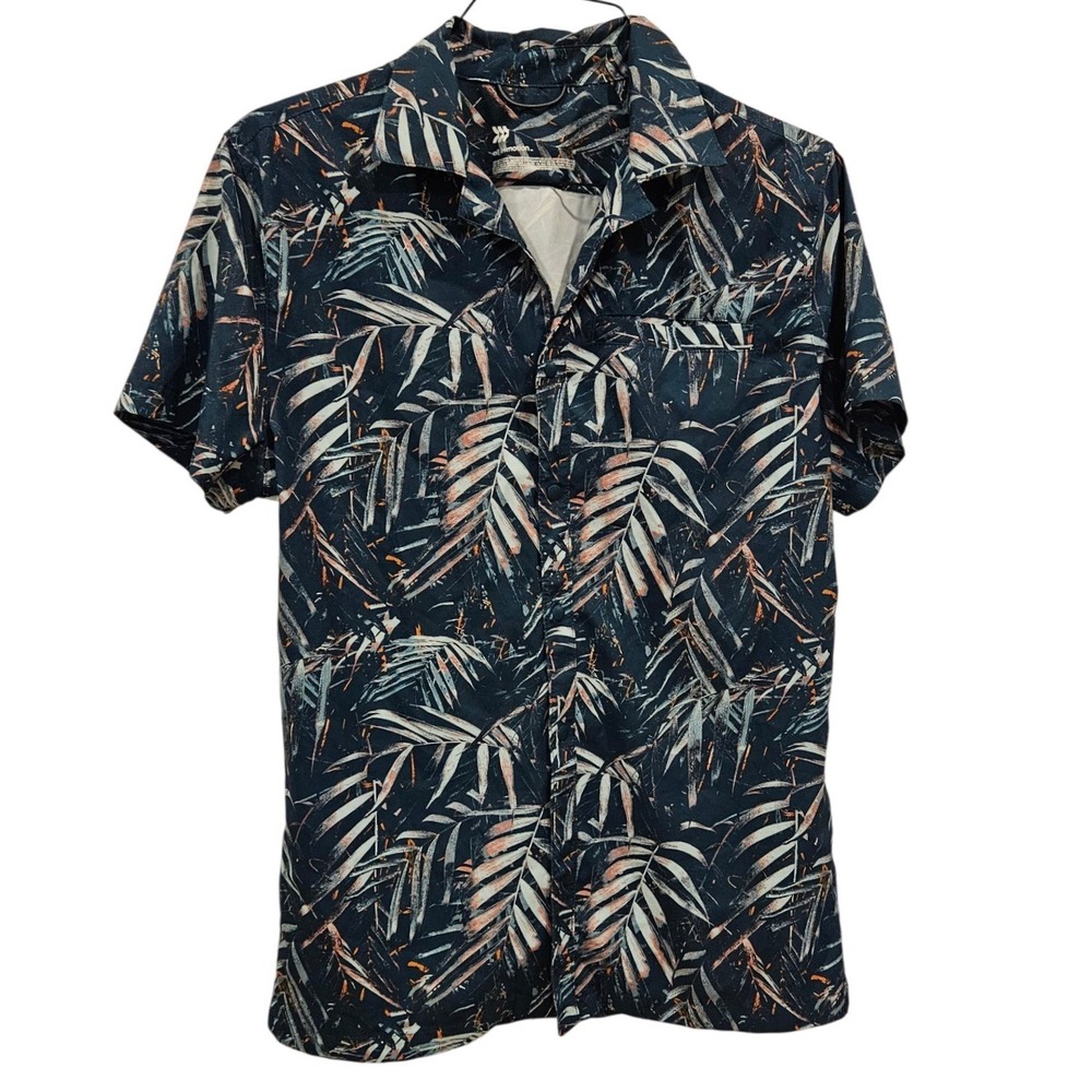 All in Motion Mens Navy Orange Palm Leaf Tropical Button Down Shirt Size Medium